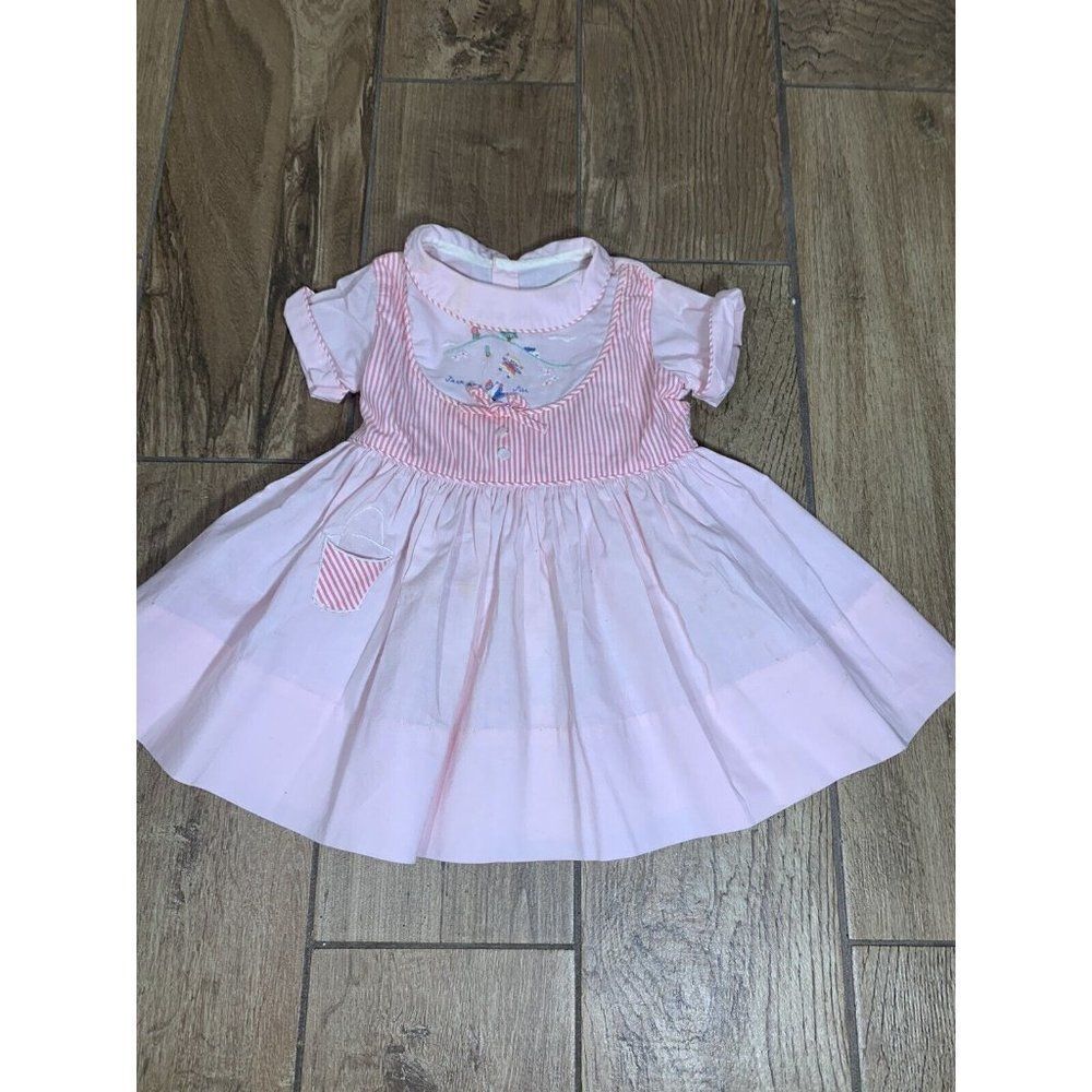 Vtg Baby Girl HANDMADE Prairie Dress 6-9 Months Pink Embroidery Jack Jill Bow